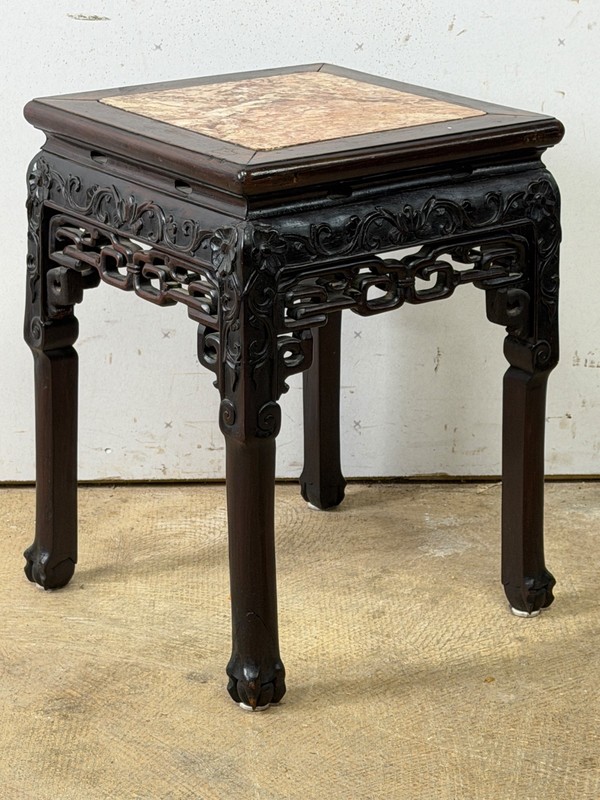Antique Chinese rosewood victorian rose marble top plant stand pedestal ornate gallery