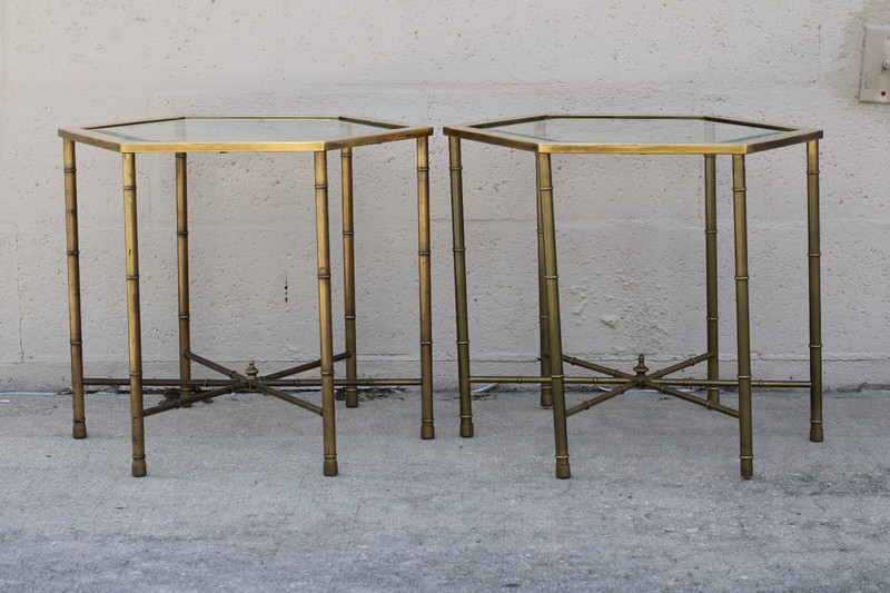 Authentic Pair Vintage Mastercraft Faux Bamboo Hexagonal Brass End Accent Tables gallery