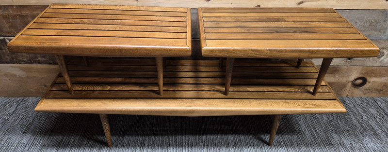 3 pc. YUGOSLAVIA Mid Century Modern Walnut Wood Slat Top Coffee Table Danish gallery