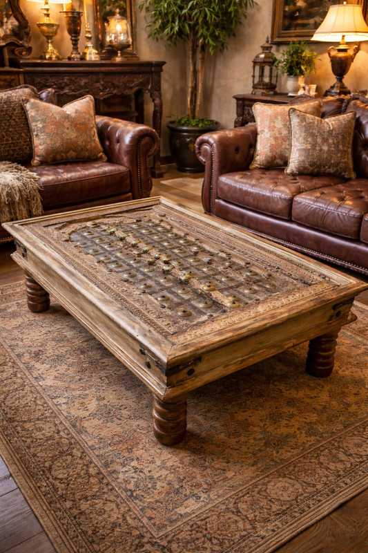 Antique Indian Carved Door Coffee Table Patina Brass Studs Solid Table 53×26.5