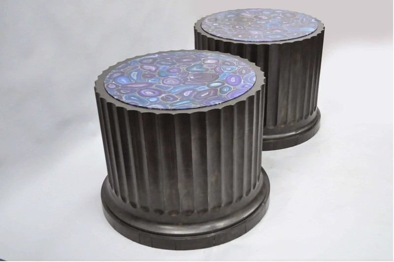 Large Custom Wooden Fluted Column Pedestal w/ Faux Purple Agate Painted Top Pair gallery