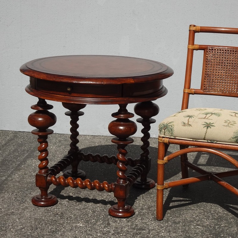 Vintage John Richard Large Spindle Side Table Leather Top w a Drawer gallery
