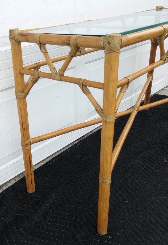 Vintage Mid Century Leather Wrapped Console Table Glass Top gallery
