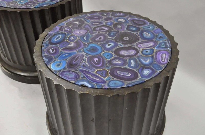 Large Custom Wooden Fluted Column Pedestal w/ Faux Purple Agate Painted Top Pair gallery