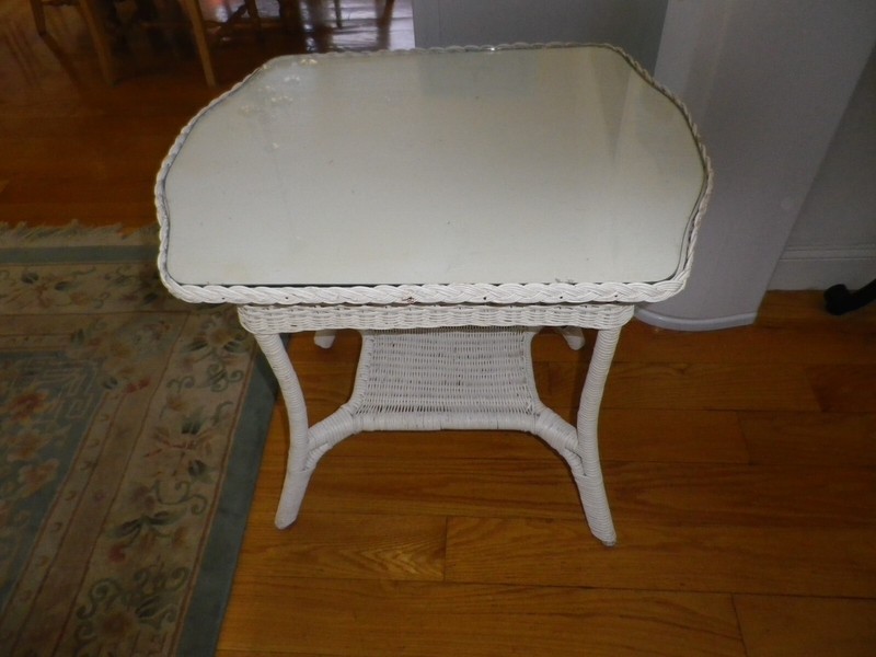 White Wicker Glass Top Side Table