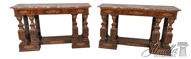58799/00: Pair Antique Charles X Inlaid Mahogany Marble Console Tables