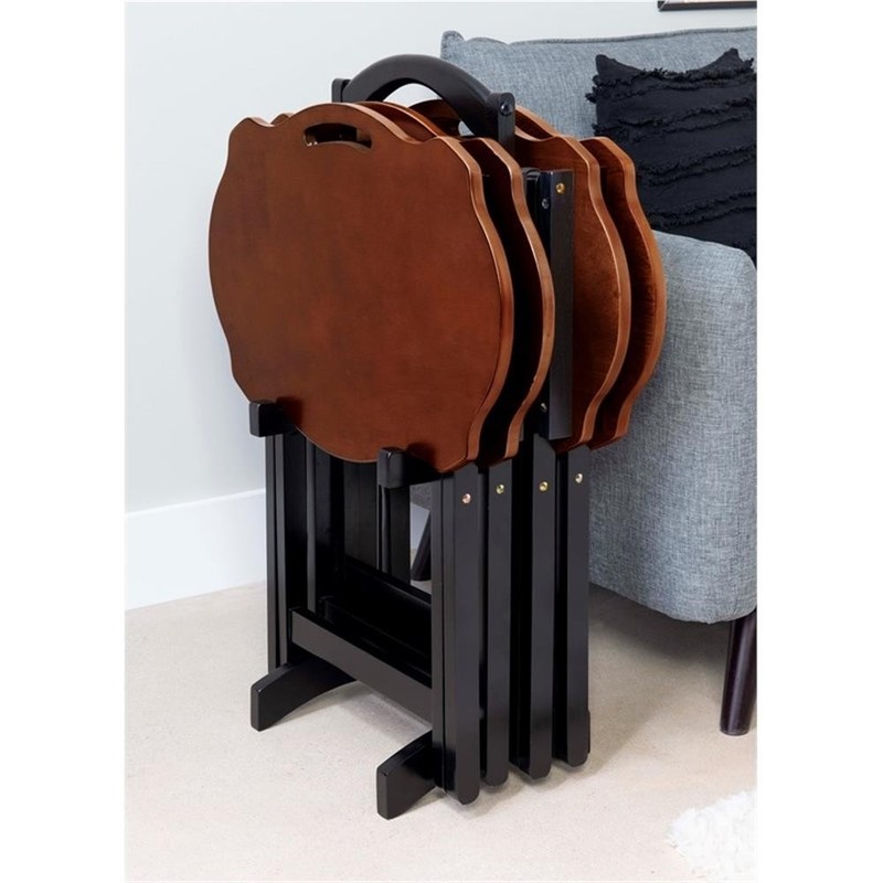 Linon Serpentine Five Piece Wood Tray Table Set in Hazelnut and Black gallery
