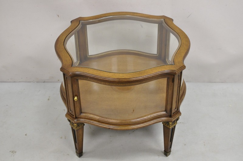 Vintage French Provincial Fruit Wood Curved Glass One Door Display Side Table gallery