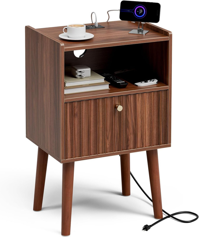 Mid Century Modern Side Table with Charging Station, Tall End Table with Fluted gallery