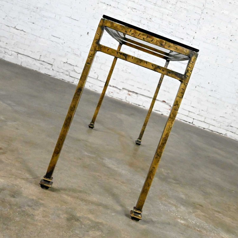Modern Iron Console Sofa Table Gold Hammered Look & Smoked & Beveled Glass Top gallery