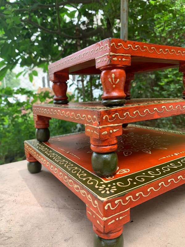 Pooja Stool Chowki Traditional Handcrafted Wooden Painted Bajot Indian Art Work gallery