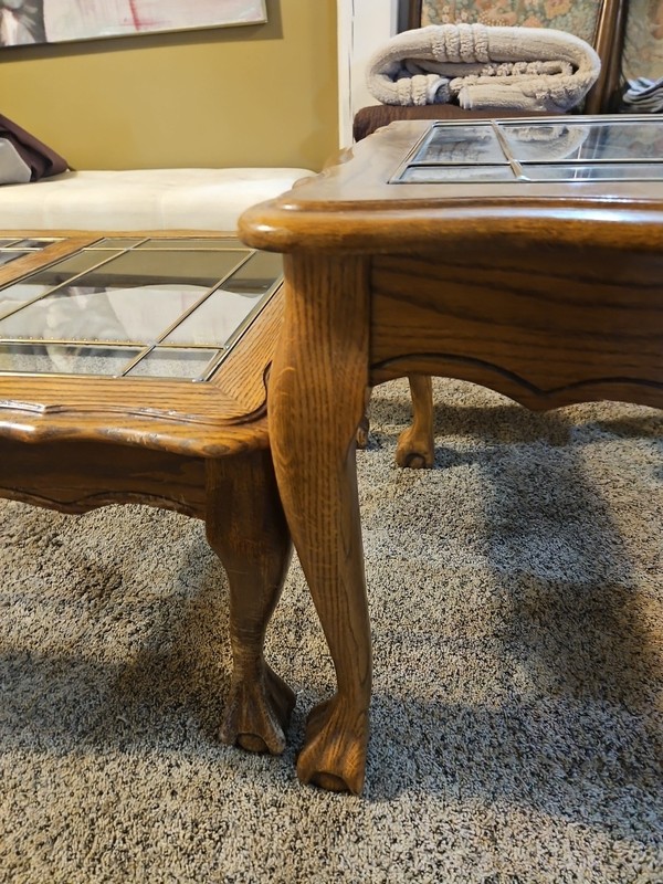 Beautiful 3 Piece Oak with Inlay Glass Top Tables gallery