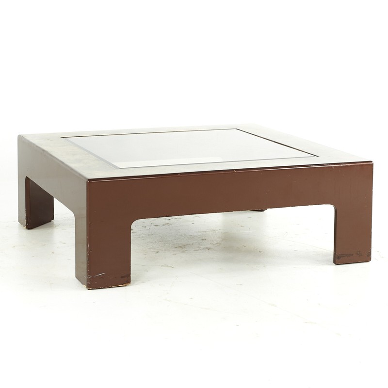 Mid Century Laminate Burlwood and Glass Coffee Table