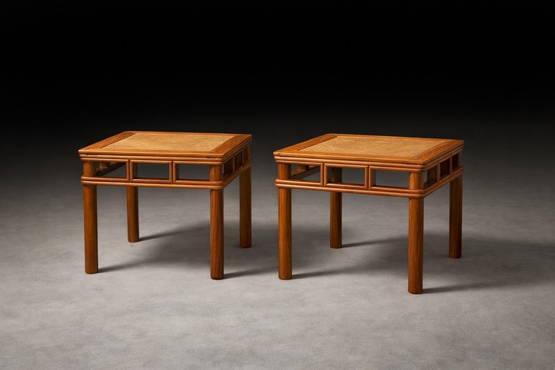 Pair of Vintage Ming Style Elm-Type Hardwood Side Tables with Cane Tops