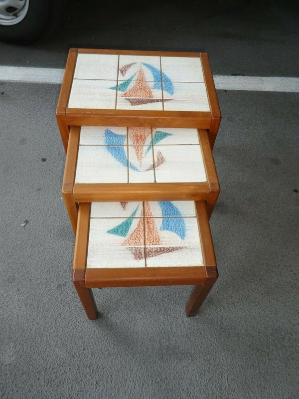 PAIR OF 1970’S DANISH MODERN NESTING TABLES WITH TILE TOPS NAUTICAL THEME