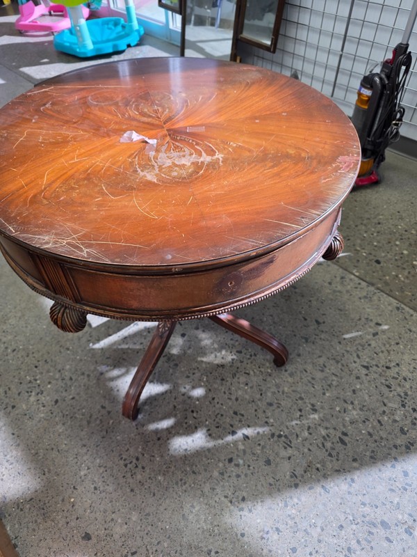 Antique American Empire Drum Table c.1840 Mahogany Lion Head Pull Original
