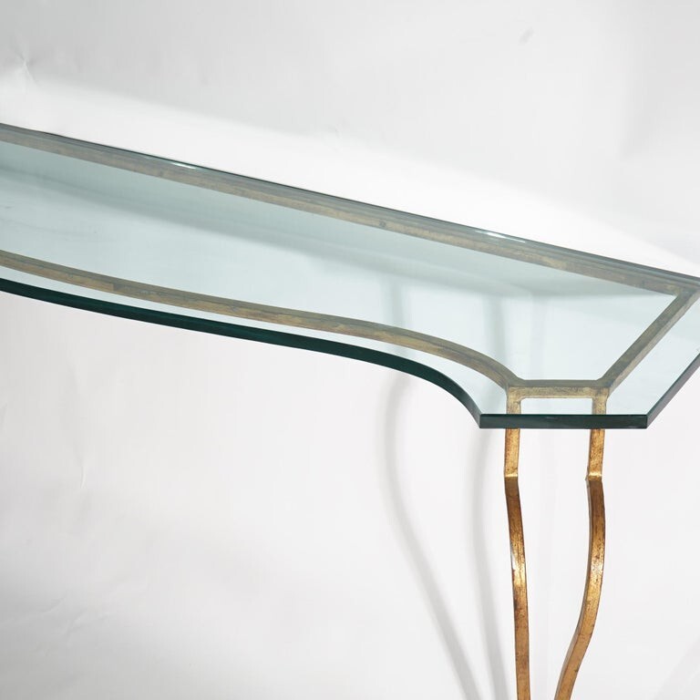 Italian Gold Gilt Wrought Iron Console Table with Glass Top 20thC gallery