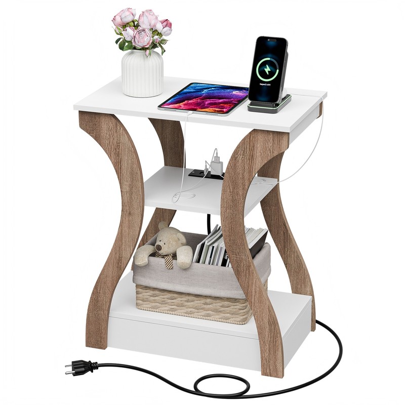 Side End Table Nightstand for Bedroom with Charging Station & 3 Shelves White