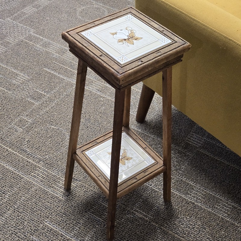 Vintage Plant Stand Side Table Ceramic Tiles French Fig & Pear, Hand Carved Wood gallery