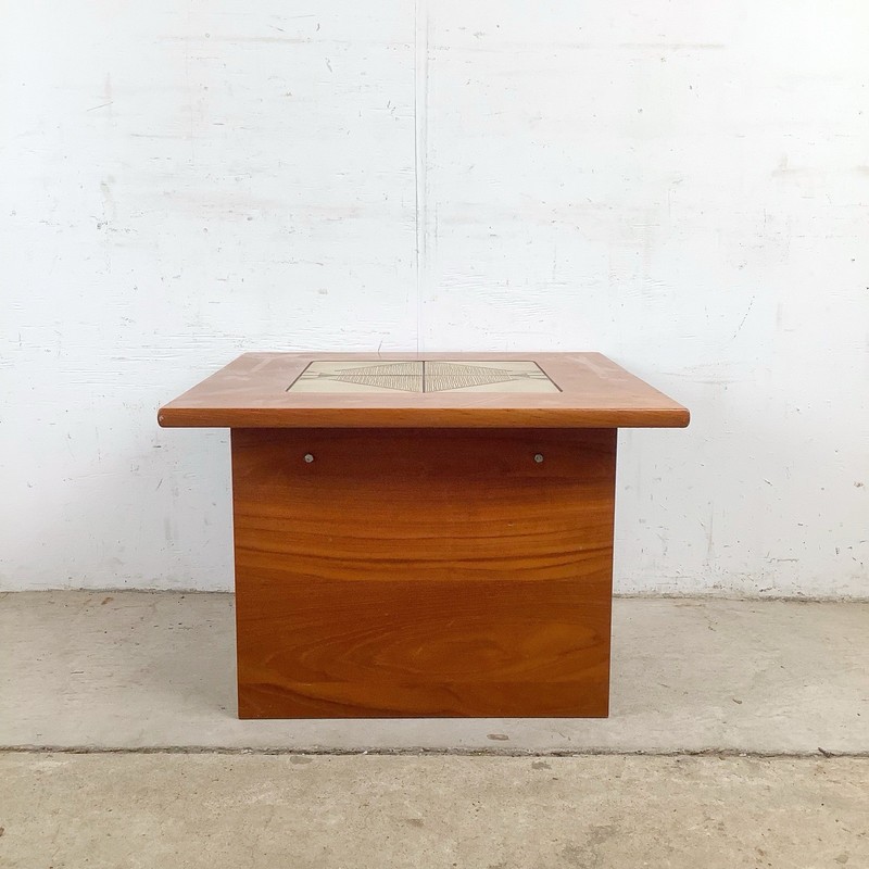 Vintage Danish Modern Teak Side Table Ceramic Geometric Tile Inset gallery