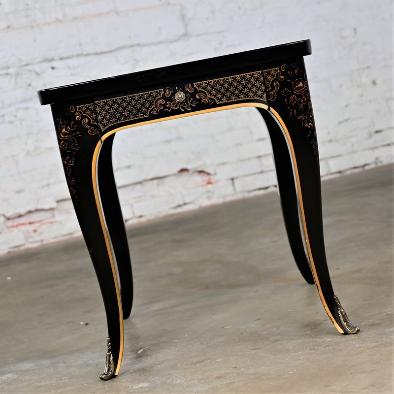 1982 Drexel Heritage ET Cetera Chinoiserie End Table Black & Burl with Ormolu gallery