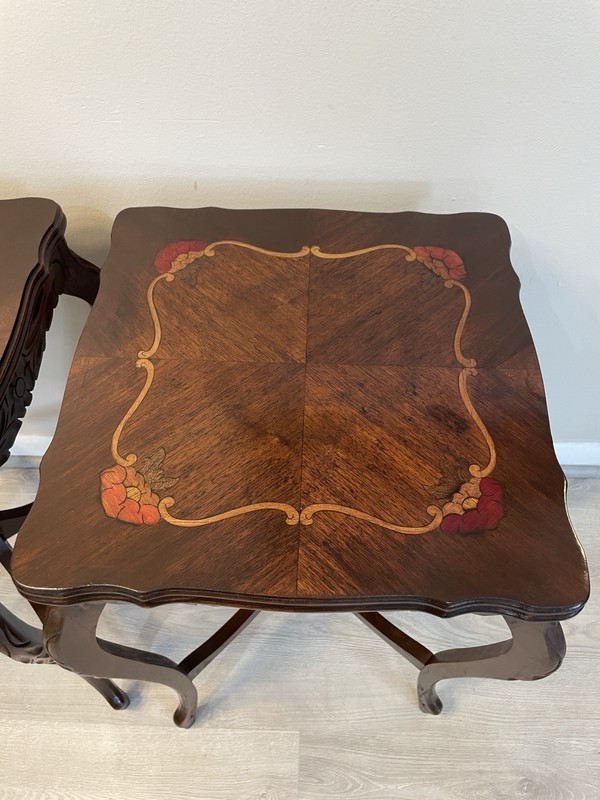 VTG Pair Italian Marquetry Inlaid Side End Tables Carved Wood Lamp Tables 1940s gallery
