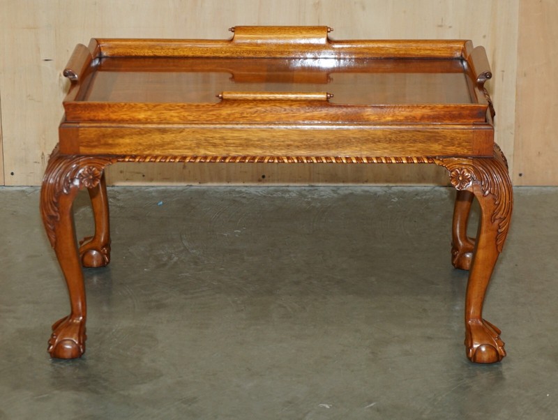 STUNNING HAND CARVED CLAW & BALL FOOT MAHOGANY COFFEE TRAY TABLE REMOVABLE TRAY gallery