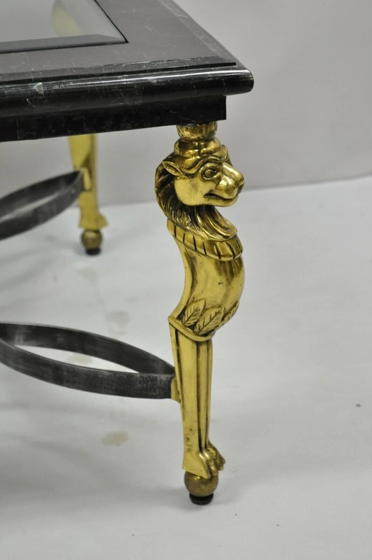 Italian Regency Style Brass Lion Marble Inlay Glass Top Steel Coffee Table gallery