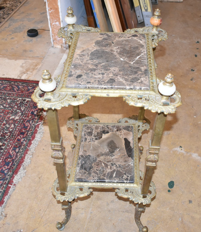 Antique French Louis XVI Style Gilt Brass Marble Top Étagère Side Accent Table gallery
