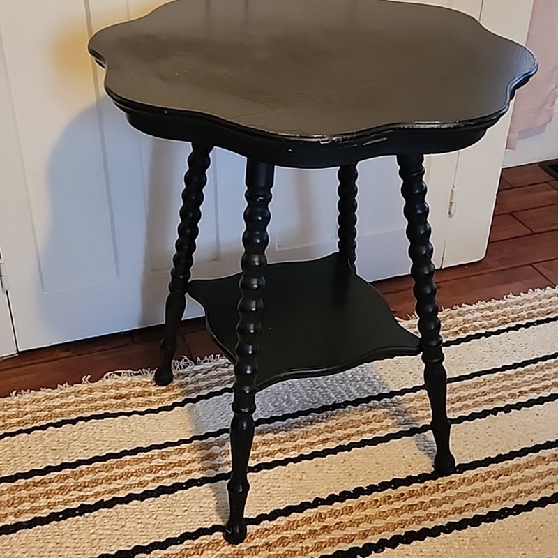 Antique Side Accent Table Turned Bead Leg Wood - Round Scallop Top Painted Black gallery