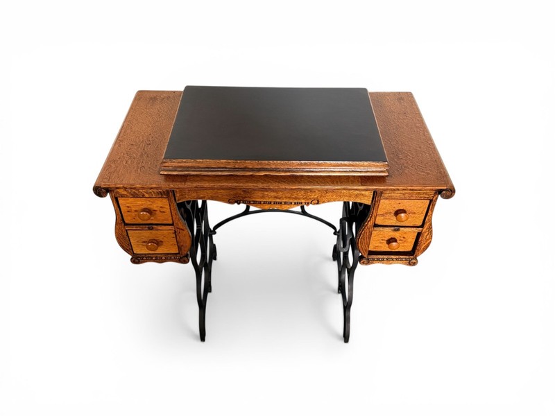 Antique Oak Storage Table with Foldout Top, Inside Compartment and 5 Drawers gallery