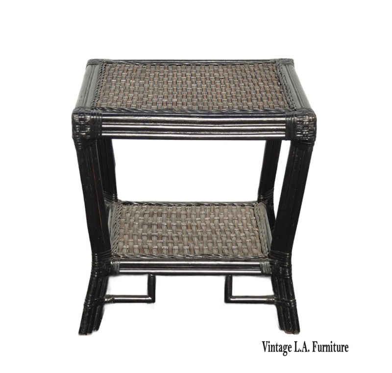 Black Vintage Chinese Chippendale Bamboo Rattan End Table
