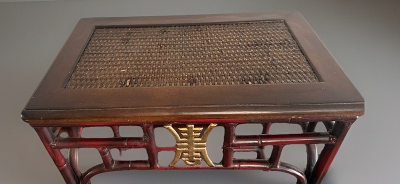 Chinese Faux Bamboo Side/Altar Table Rattan Top, Gilt Longevity (Shou 壽) Symbol gallery