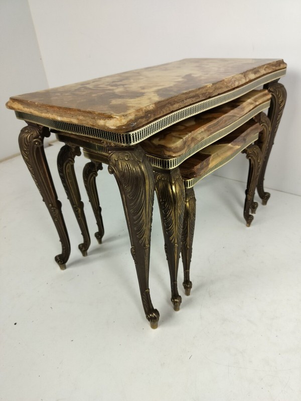 Set of 3 Nesting Stacking Coffee Side Tables Marble Onyx Brass Hollywood regency gallery