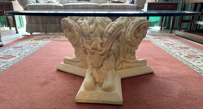 VINTAGE 1980s Hollywood Regency Plaster Rams Head Coffee Table w/ Glass Top gallery