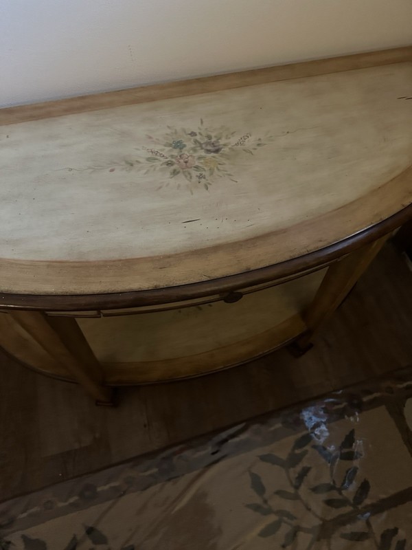Antique Demilune (Half Moon Large French Country Entrance Table W/ Bottom Shelf gallery