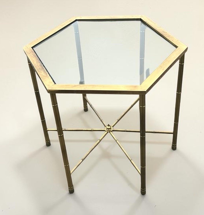 Vintage Mastercraft Brass Bamboo Hexagon Beveled Glass End Table MCM Chinoiserie