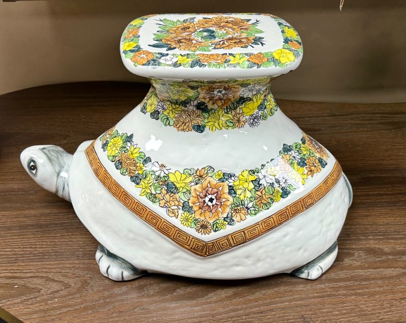 Vintage Italian Ceramic Floral Chinoiserie Regency Turtle Garden Table gallery