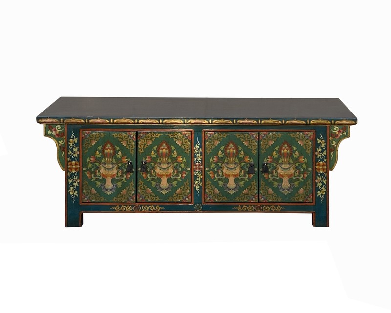 Chinese Tibetan Teal Green Blue Jewel Treasure Graphic TV Console Table cs7744
