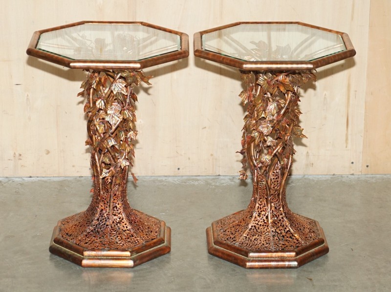 STUNNING & UNIQUE PAIR OF VINTAGE 1960'S ITALIAN COPPER FLORAL SIDE END TABLES gallery