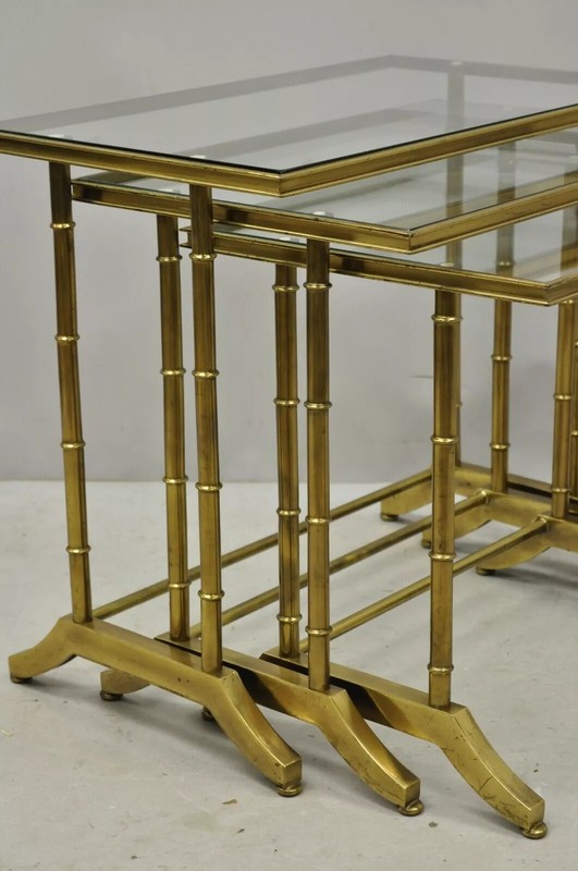 Mastercraft Hollywood Regency Brass Faux Bamboo Glass Top Nesting Side Tables gallery