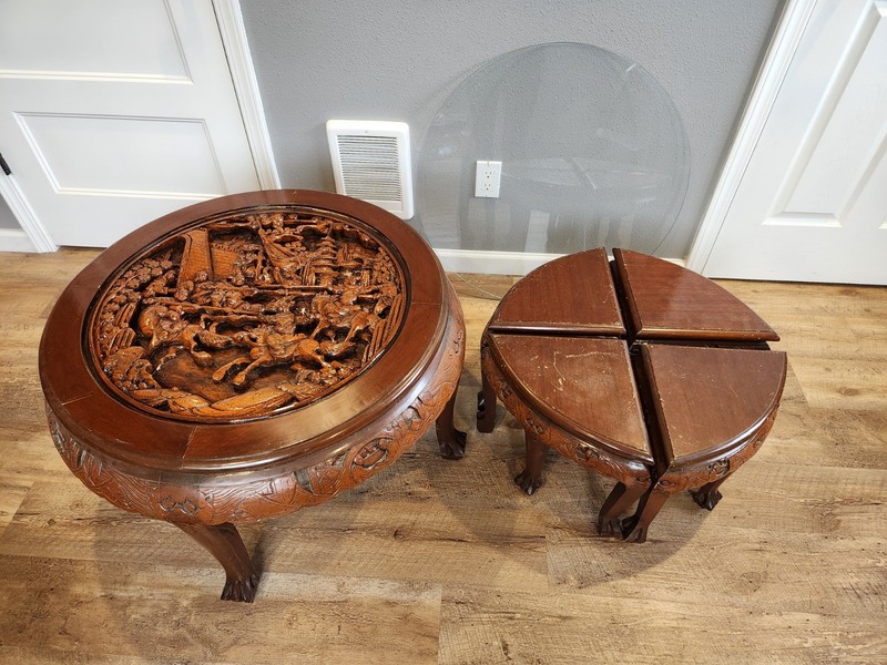 Antique Oriental Coffee Table With Glass Top and 4 Stools gallery