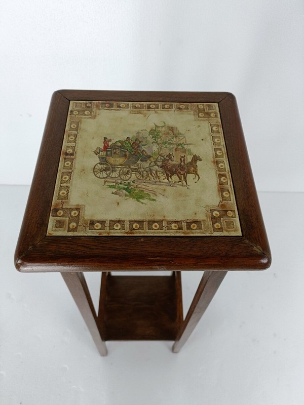 Vintage wood Pedestal Display Table Plant Stand Tile Victorian scene Two Tier Ba gallery