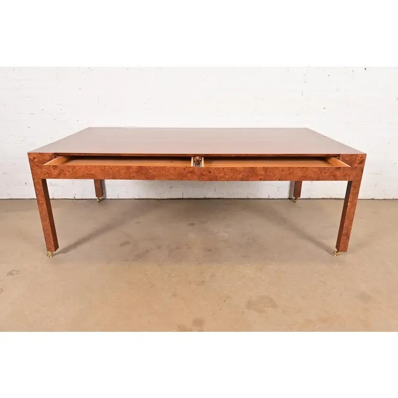 Milo Baughman Style Mid-Century Modern Burlwood Parsons Dining Table, Refinished gallery