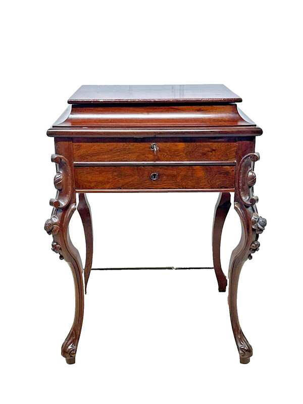 antique rosewood sewing work table rococo victorian carved birdseye interior