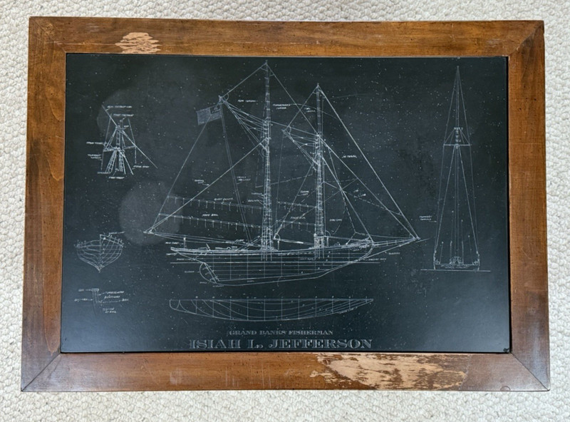 Isiah L. Jefferson Slate/Wood Nautical Table Etched Schooner Blueprint – 60’s