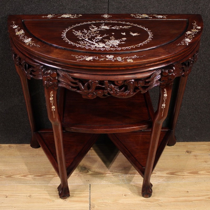 Chinese console furniture half moon table inlaid wood oriental 20th century gallery