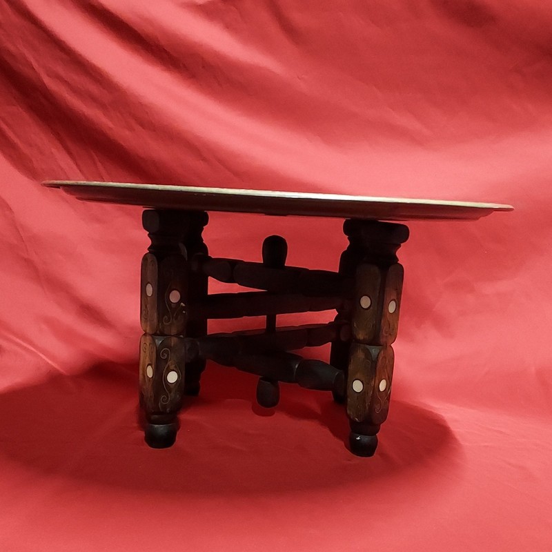 Vintage Middle Eastern Brass Tray Table w/ Mother of Pearl Inlaid Folding Stand gallery