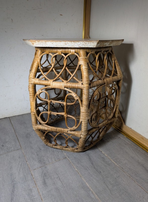 Vintage Asian Chinoiserie Boho Chic Bamboo Wicker Rattan Side Drum Table D72 gallery
