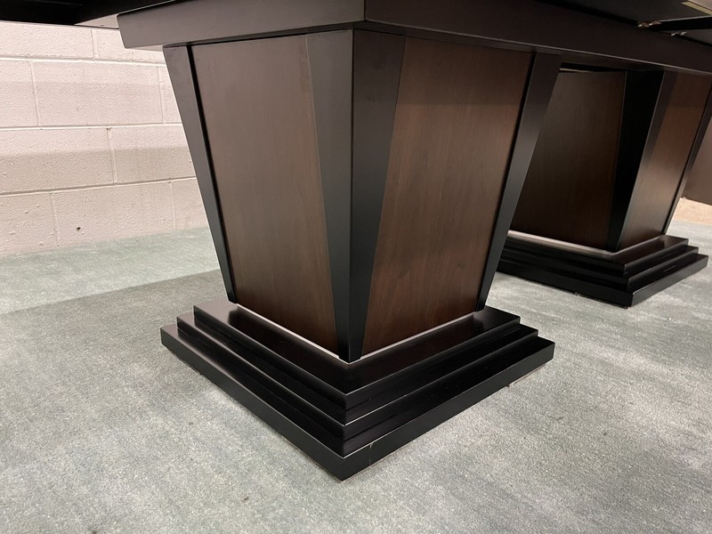 Custom Walnut Art Deco Pedestal Dining Table for 12; Stainless Inlay; 84"-129" gallery